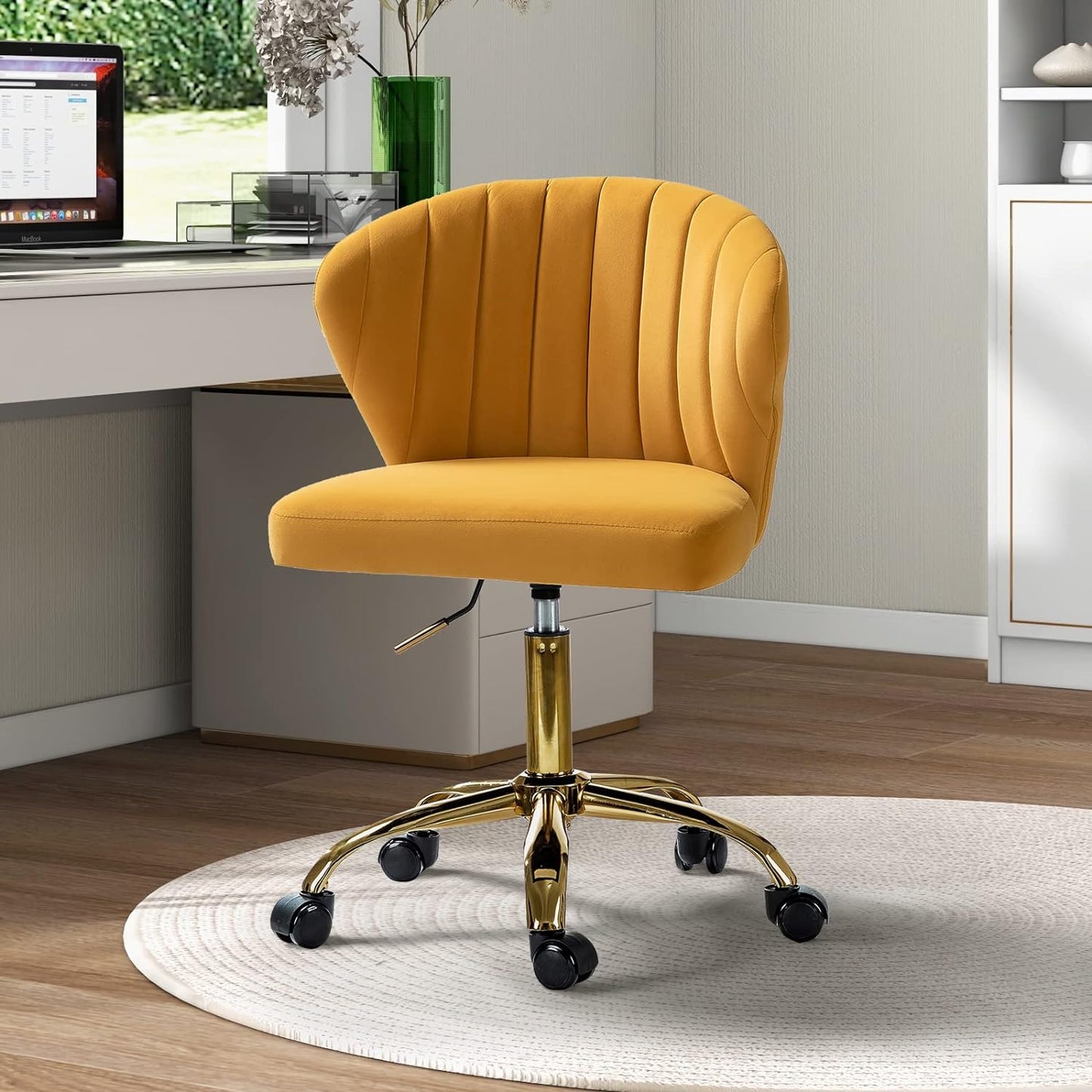 Modern Velvet Office Vanity Chairs with Wheels & Gold Base