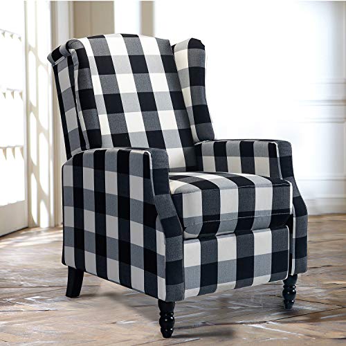 Traditional Push-Back Plaid Upholstered Wingback Recliner