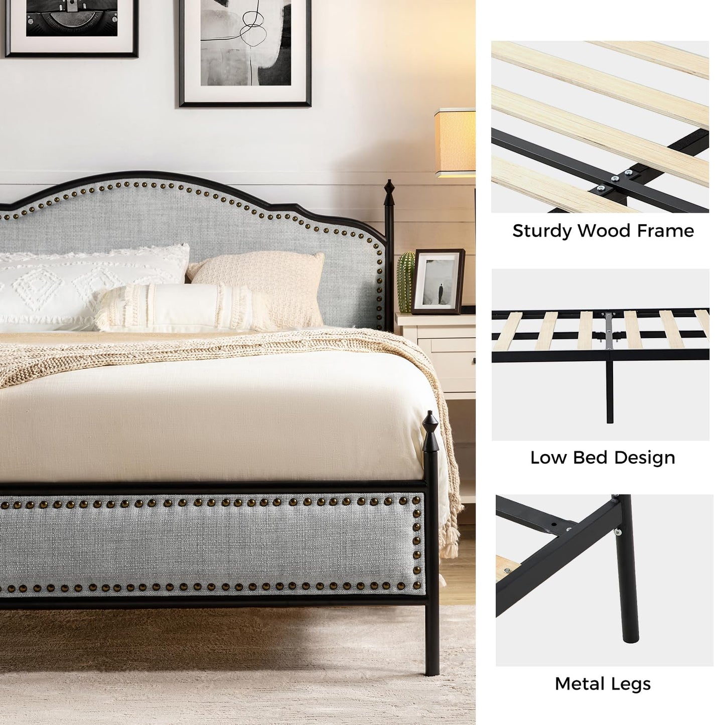 Metal Platform Bed Frame with Upholstered Headboard