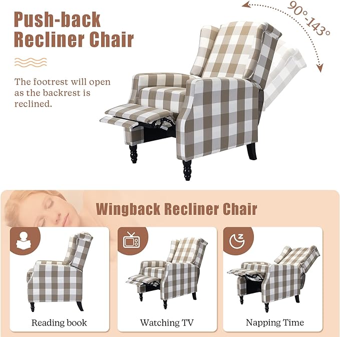 Traditional Push-Back Plaid Upholstered Wingback Recliner