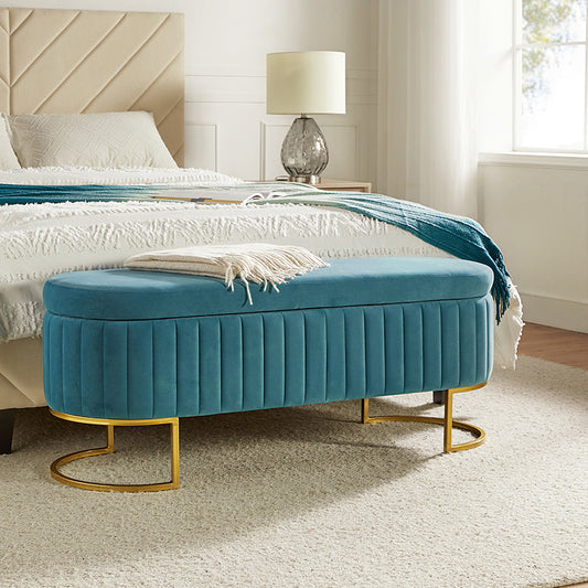Flip Top Storage Bench with Golden Metal C-shaped Sled Legs