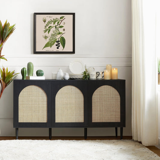 Farmhouse Sideboard Cabinet with 3 Rattan Doors and 3 Shelves