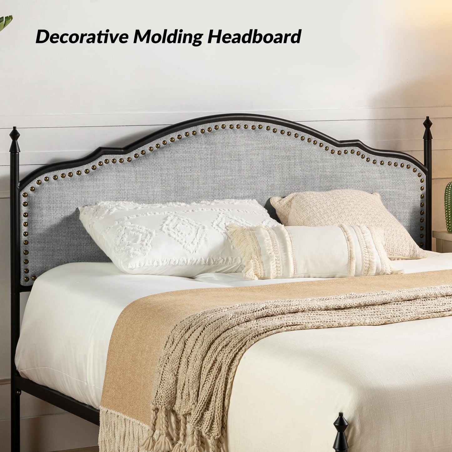 Metal Platform Bed Frame with Upholstered Headboard