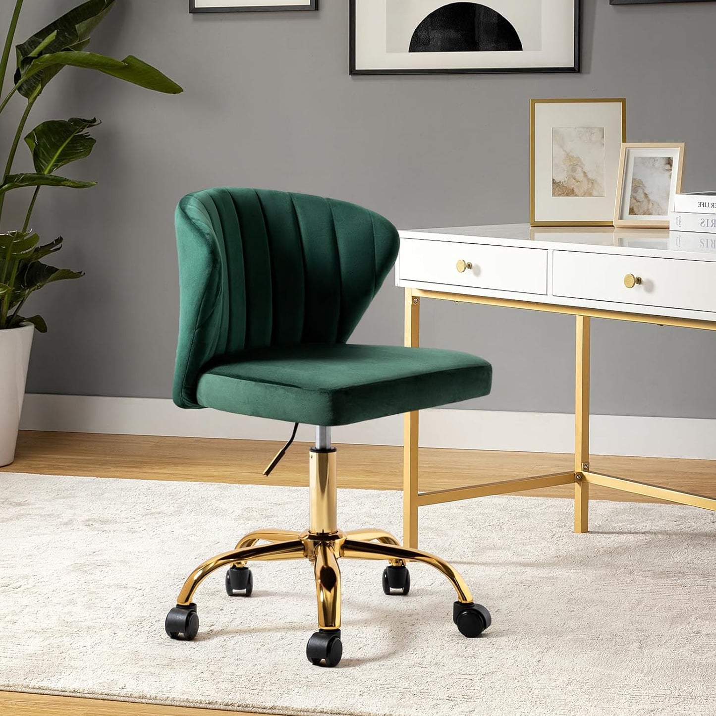 Modern Velvet Office Vanity Chairs with Wheels & Gold Base